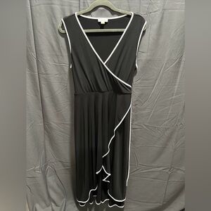 Calvin Klein Womens Belted Sleeveless V Neck Dress Black/White Trim Sz 14